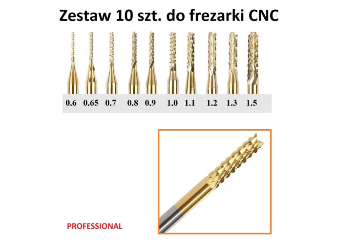ZESTAW 10szt FREZ DO FREZARKI CNC  0,6-1,5mm Professional