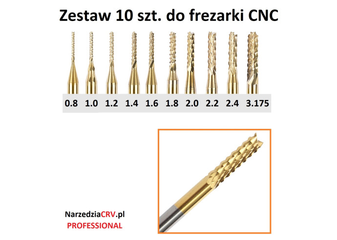 ZESTAW 10szt FREZ DO FREZARKI CNC  0,8-3,17mm Professional